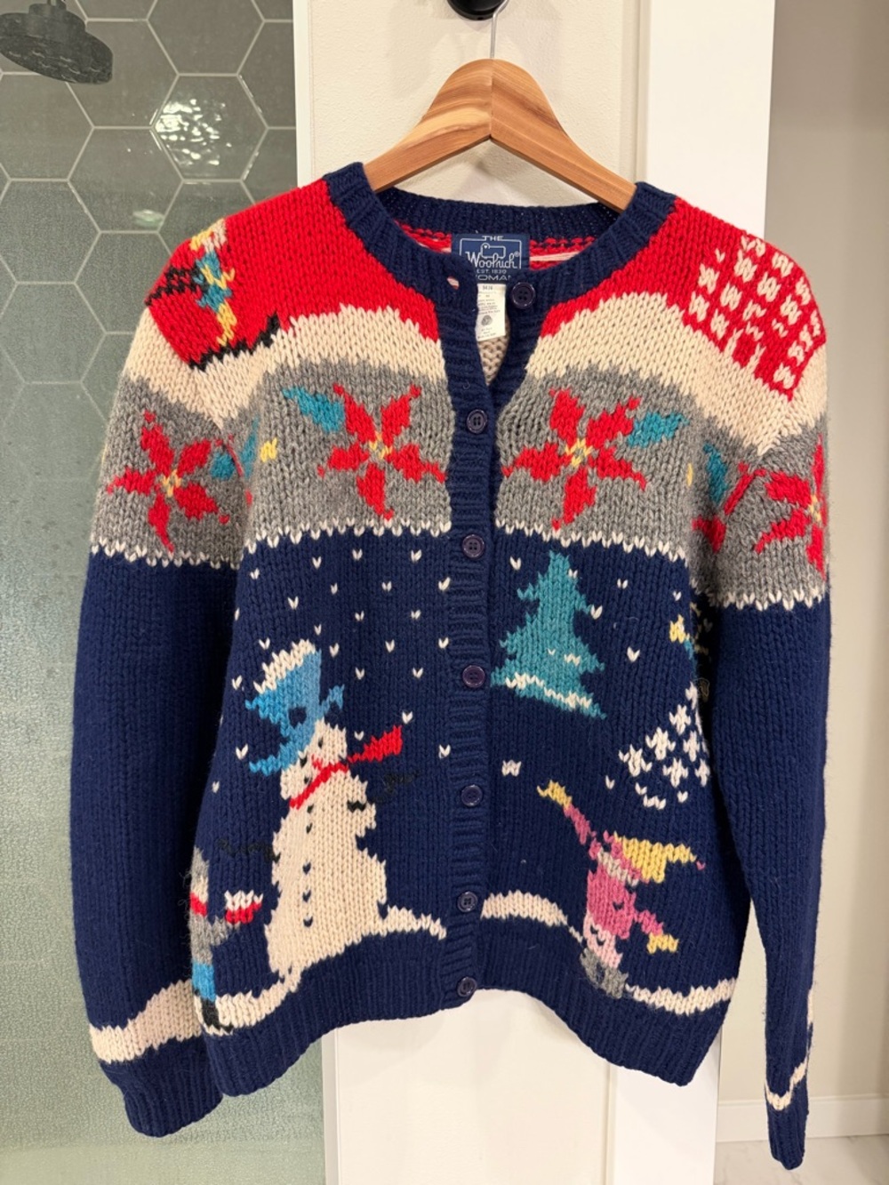 Vintage 90s Woolrich Holiday Snowman Christmas Wool Cardigan